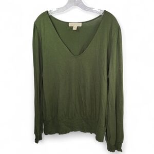 MICHAEL Michael Kors Olive Green Peasant V neck Blouse Sz XL Smocking Boho